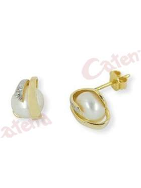 Σκουλαρίκι χρυσό, στολισμένο με μαργαριτάρι και άσπρες πέτρες ζιργκόν