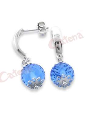 Σκουλαρίκια ασημένια, επιπλατινωμένα, στολισμένα με γαλάζιες πέτρες ζιργκόν