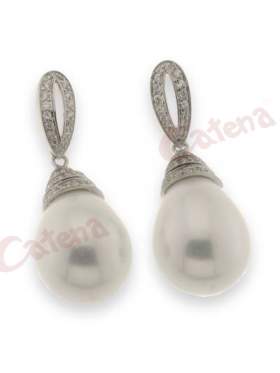 Σκουλαρίκια ασημένια επιπλατινωμένα με πέρλες και άσπρες πέτρες ζιργκόν