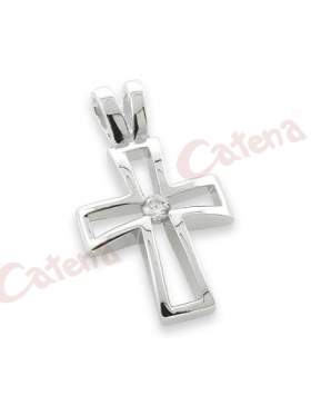 Μενταγιόν σταυρός, σε σχήμα σταυρού, με στρογγυλές πέτρες ζιργκόν σε χρώμα λευκό με φινίρισμα ροδίου