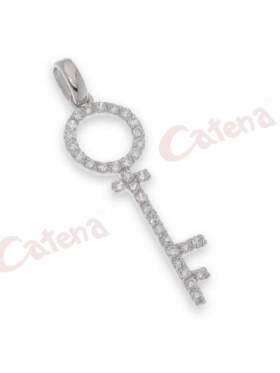 Μενταγιόν κλειδί-κλειδαριά με στρογγυλές πέτρες ζιργκόν σε χρώμα λευκό