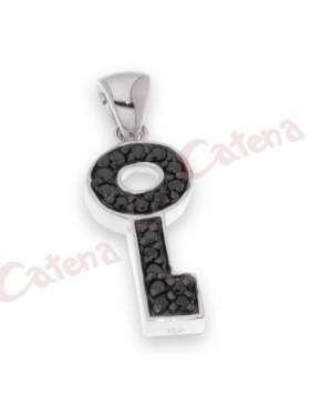 Μενταγιόν κλειδί-κλειδαριά, με στρογγυλή πέτρα, σε χρώμα λευκό, μαύρο, με φινίρισμα κανονικό επιπλατίνωμα