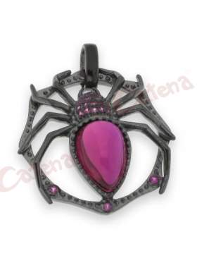 Μενταγιόν ασημένιο με μαύρο επιπλατίνωμα με ροζ και κόκκινη πέτρα ζιργκόν σε σχέδιο αράχνη