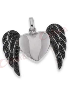 Μενταγιόν ασημένιο επιπλατινωμένο με μαύρες πέτρες ζιργκόν σε σχέδιο καρδιά με φτερά αγγέλου