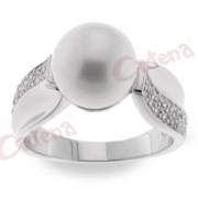 Δαχτυλίδι, με πέρλες, σε σχήμα, με στρογγυλές πέτρες ζιργκόν σε χρώμα λευκό με φινίρισμα λουστρέ