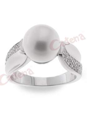 Δαχτυλίδι, με πέρλες, σε σχήμα, με στρογγυλές πέτρες ζιργκόν σε χρώμα λευκό με φινίρισμα λουστρέ