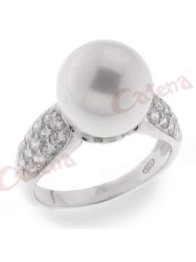 Δαχτυλίδι, με πέρλα, με πέρλες, μονόδετο με υλικό από φίλντισι με στρογγυλές πέτρες ζιργκόν σε χρώμα λευκό