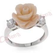 Δαχτυλίδι, λουλούδι, από κοράλλι μπαμπού, φίλντισι, ρόζ πέρλα, σε σχήμα σφαιρικό σε χρώμα λευκό, ρόζ