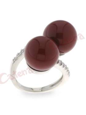 Δαχτυλίδι, με πέρλα, με υλικό από φίλντισι, ρόζ πέρλα με στρογγυλές πέτρες ζιργκόν σε χρώμα λευκό, κόκκινο