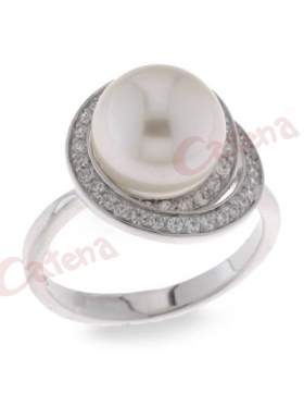 Δαχτυλίδι, με πέρλες με στρογγυλές πέτρες ζιργκόν σε χρώμα λευκό