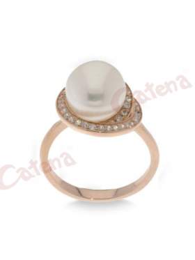 Δαχτυλίδι, σφαιρικό, με πέρλες, από πέρλες, σε σχήμα σφαιρικό, με στρογγυλές πέτρες ζιργκόν σε χρώμα λευκό με φινίρισμα με ροζέ επιμετάλλωση