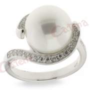Δαχτυλίδι, με πέρλες, από ρόζ πέρλα με στρογγυλές πέτρες ζιργκόν σε χρώμα λευκό