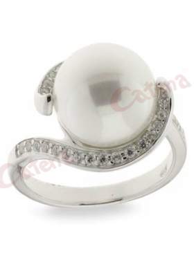 Δαχτυλίδι, με πέρλες, από ρόζ πέρλα με στρογγυλές πέτρες ζιργκόν σε χρώμα λευκό