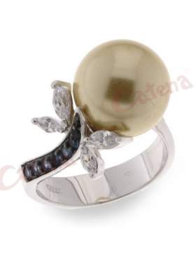 Δαχτυλίδι ασημένιο επιπλατινωμένο με στρογγυλές πέτρες ζιργκόν μπλέ και πέρλα σε χρώμα σαμπανιζέ