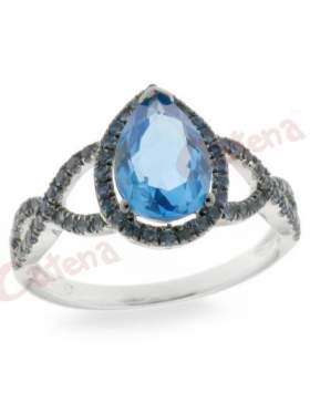 Δαχτυλίδι  με στρογγυλή πέτρα, σε χρώμα νερού, μπλε, μαύρο, με φινίρισμα, κανονικό επιπλατίνωμα, μαύρο επιπλατίνωμα