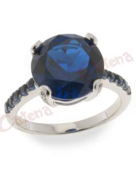 Δαχτυλίδι ασημένιο επιπλατινωμένο με  μπλε πέτρες ζιργκόν με φινίρισμα γυαλιστερό