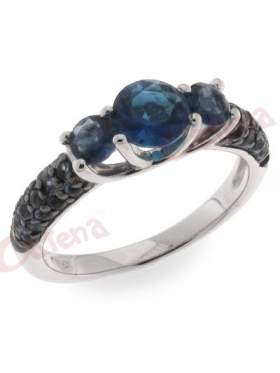 Δαχτυλίδι  με στρογγυλή πέτρα, σε χρώμα μπλε, μαύρο, με φινίρισμα μαύρο επιπλατίνωμα