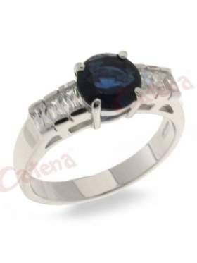 Δαχτυλίδι  με στρογγυλή πέτρα, σε χρώμα λευκό, μπλε, με φινίρισμα κανονικό επιπλατίνωμα