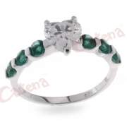 Δαχτυλίδι  με καρδούλα, με στρογγυλές πέτρες ζιργκόν σε χρώμα πράσινο με φινίρισμα ροδίου