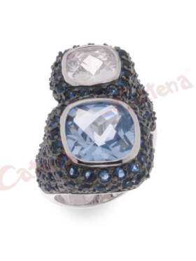 Δαχτυλίδι ασημένιο με πέτρες ζιργκόν σε χρώμα νερού, μπλε,άσπρη με φινίρισμα μαύρο επιπλατίνωμα