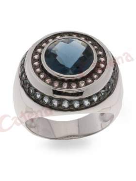 Δαχτυλίδι  με στρογγυλή πέτρα, σε χρώμα μπλε, ροζ, με φινίρισμα γυαλιστερό, μαύρο επιπλατίνωμα